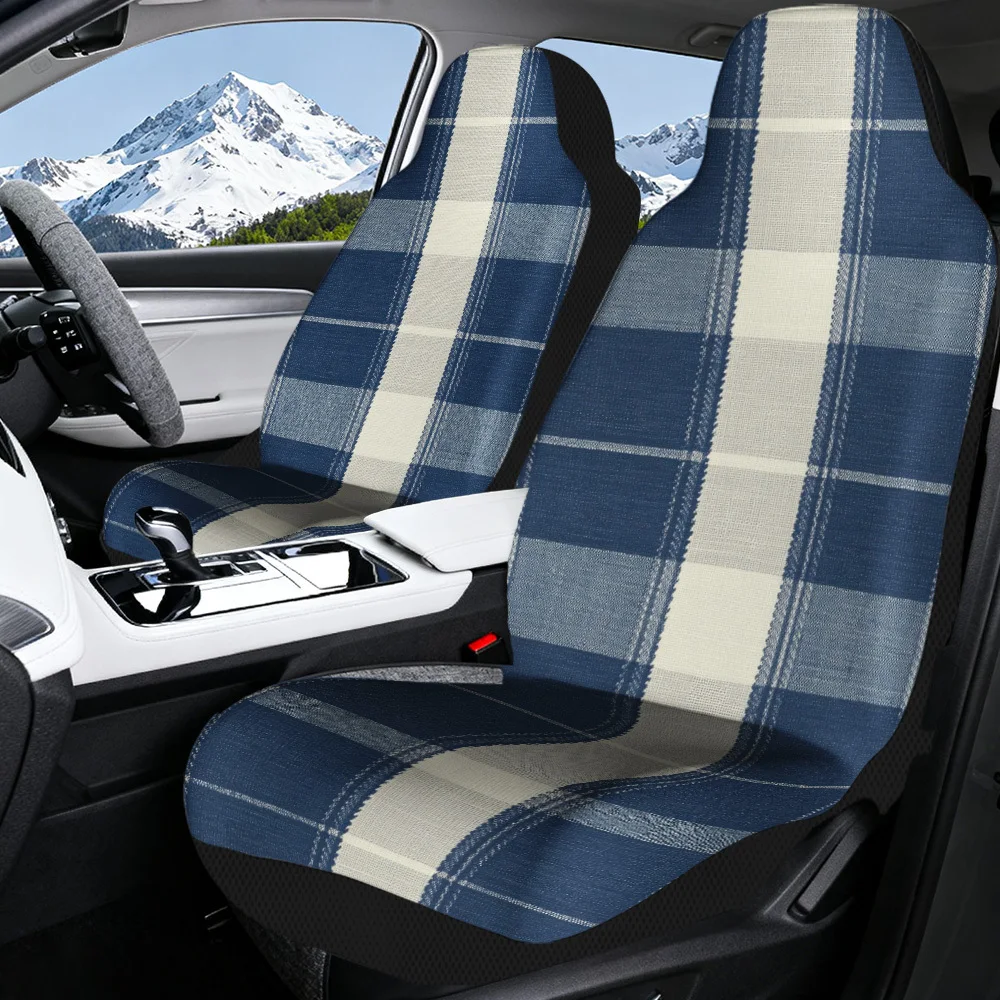 2pcs Universal Car Seat Covers Set, Blue Tartan Checkered Lines Print, Premium Vehicle Seat Covers. Fits Holiday Forest Trips &