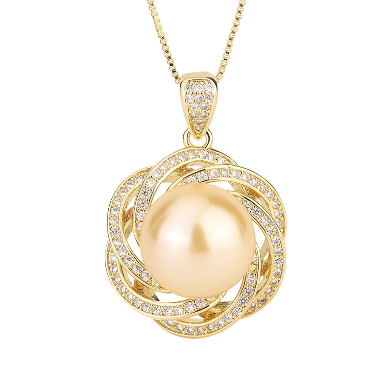 Jewelry Copper Plated Real Gold Inlaid Aobei Mother Pearl Lace Style Temperament Diamond Pendant Necklace 14mm