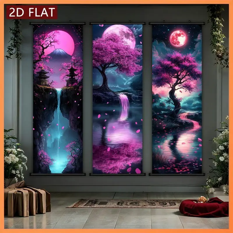 VIKAMA Dreamy Neon Sakura Moon Wall Scroll Tapestry Pink Purple Cherry Tree Waterfall Pagoda Hanging Scroll Anime Decor