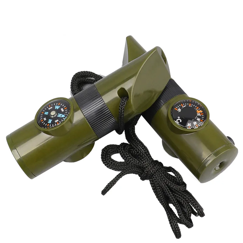 7-in-1 Survival Whistle Outdoor Multi-Functional Tool with LED Light Thermometer&Compass