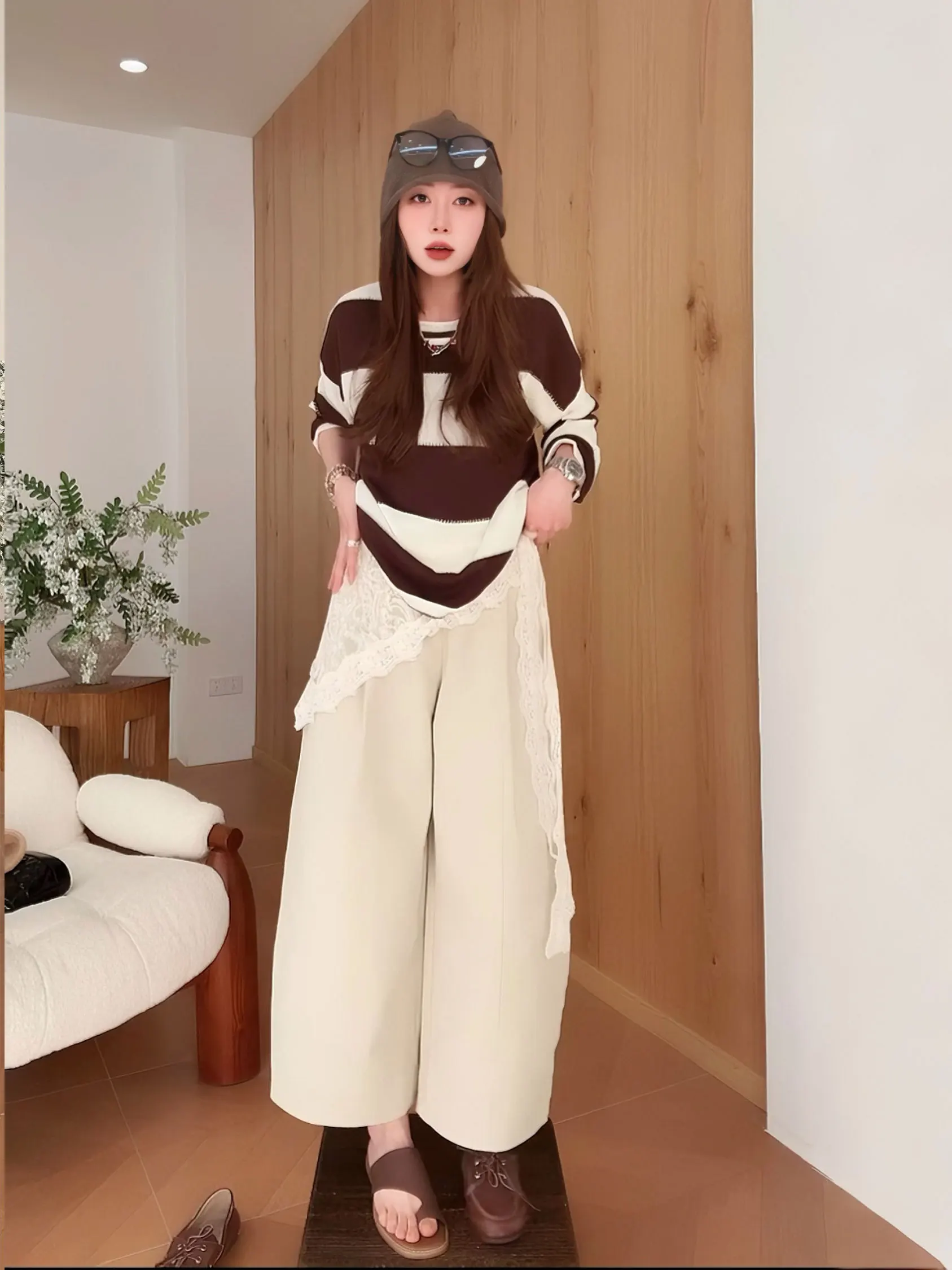 

Monthly No Fish Straight Leg Pants Casual Versatile Slimming Design Spring New Style Middle High Waist Straight Tube Trousers