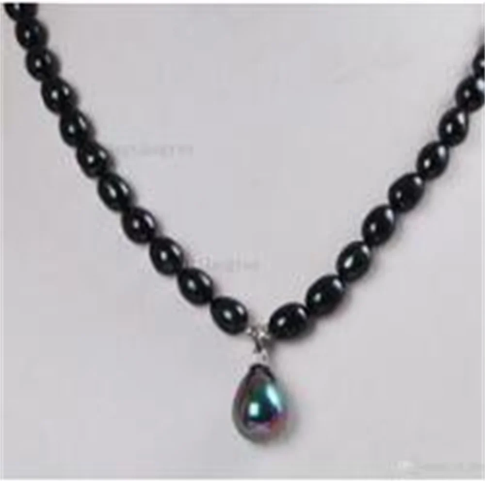 7-8MM Black Akoya Cultured Pearl/ Shell Pearl Pendant(12x16MM) Necklace 18\