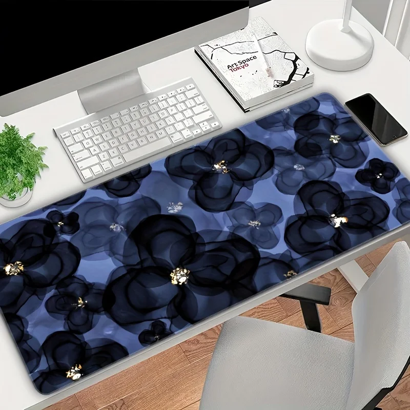 Dark Blue Floral Abstract Extended Mouse Pad Non-Slip Rubber Stitched Edge Desk Mat Office Mat