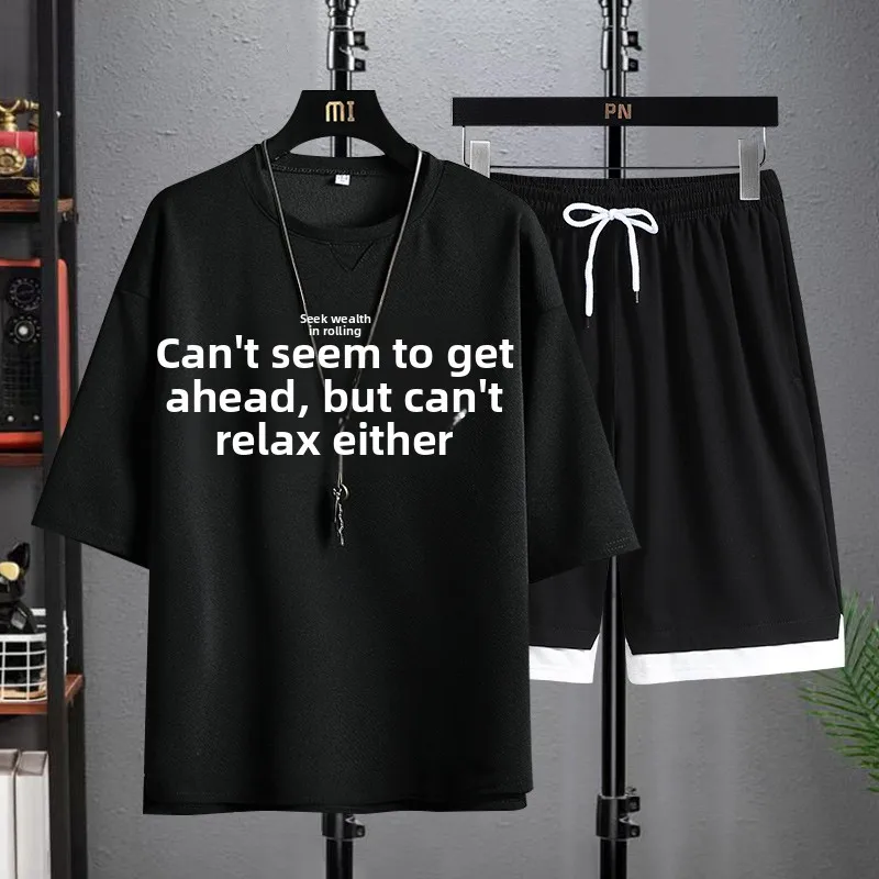 

Summer Youth Loose ort Sve Set Casual Spor Two-Piece Suit for Students Polyester Fiber Long Pants Bla Color
