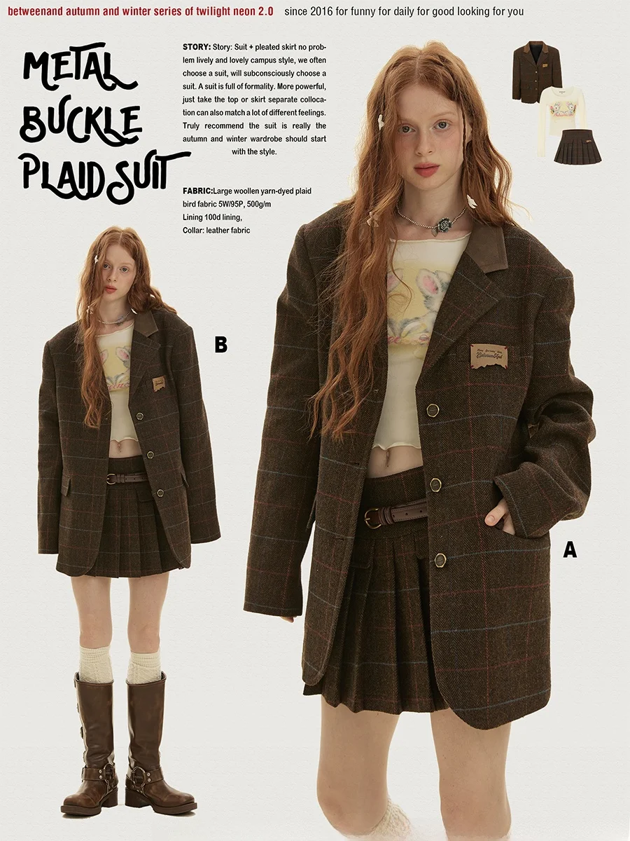 

BENAND Ретро клетчатый костюм Jaet, женская осенняя студенческая юбка трапециевидной формы, юбка-русалка, комплект для поездок на работу, обычный све