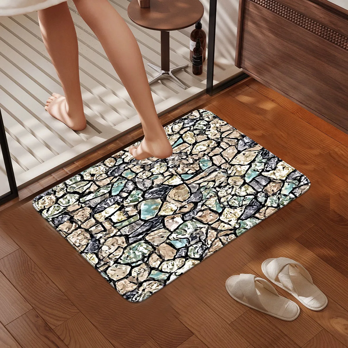 A Bathroom Absorbent Floor Mat with Imitation Pebble Texture, a Light Luxury High-End Non-Slip Quick-Drying Door Mat