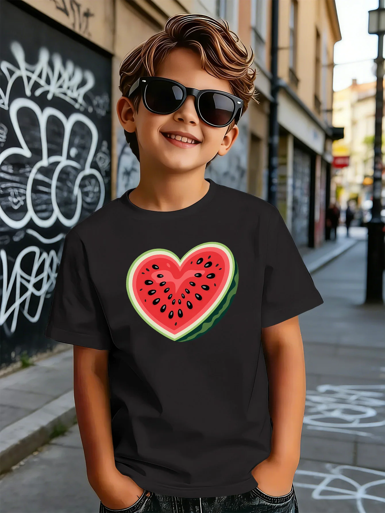 Lovely Heart Watermelon Summer Fruit Print Boys Girls Family Matching Cotton Short Sleeve Crew Neck Soft Summer Kids Casual Tees