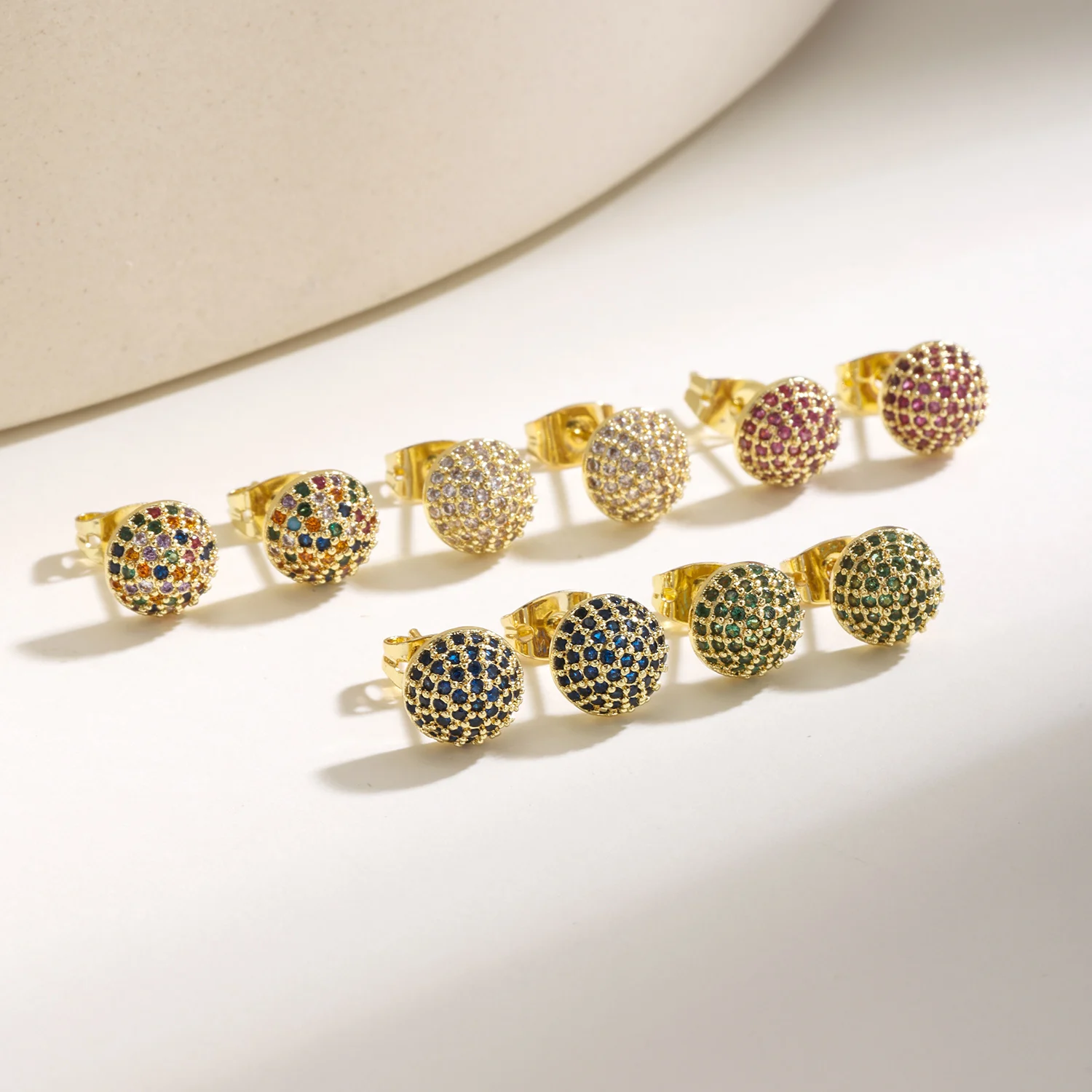 Nidin Paved Cubic Zirconia Round Stud Earrings For Women Multicolor Crystal Ear Studs Light Luxury Wedding Party Jewelry Gifts