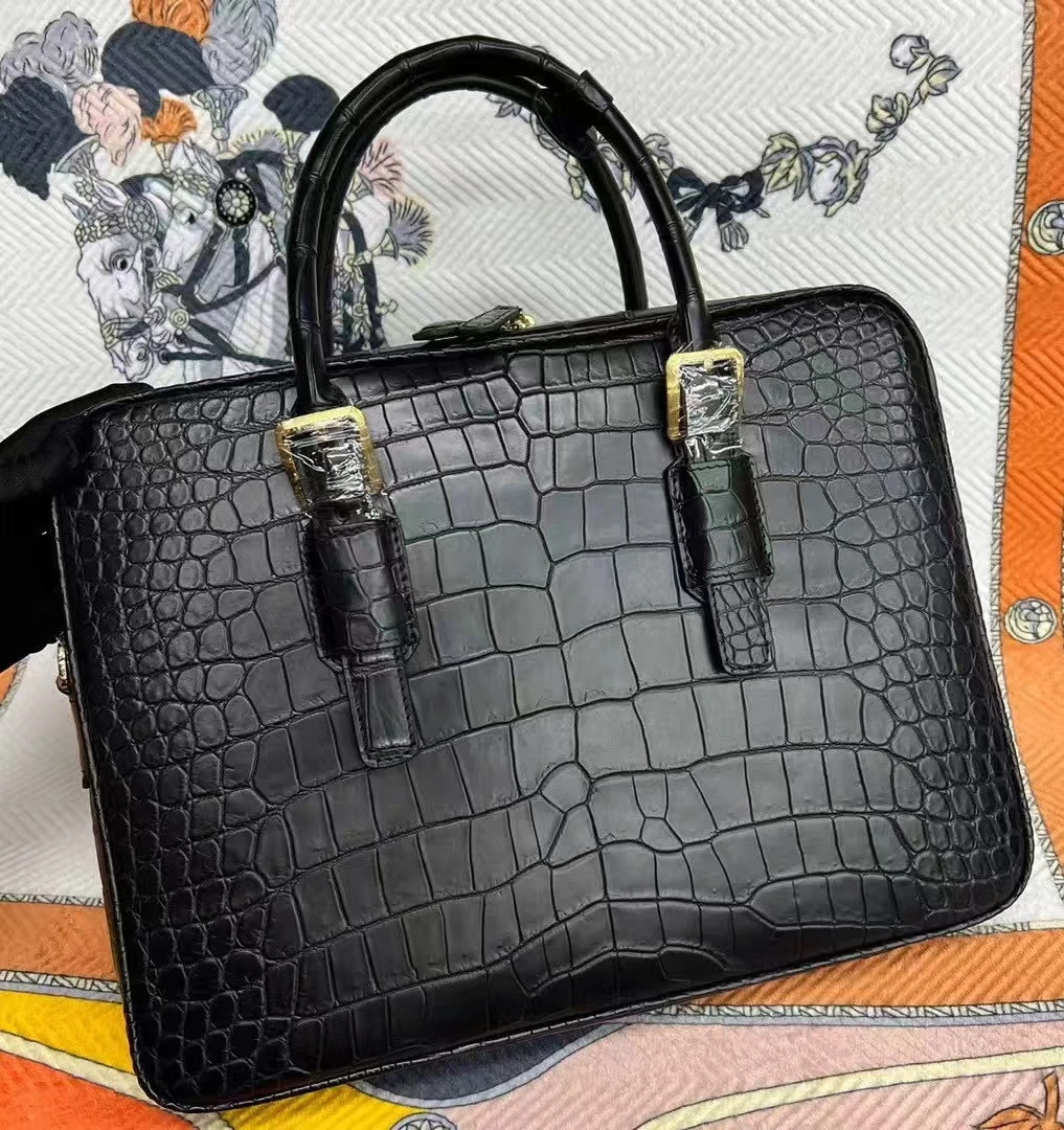 Luxury Men's Business Bag 100% Genuine Real Crocodile Leather Belly Skin Laptop Briefcase in Blue/Brown Colors