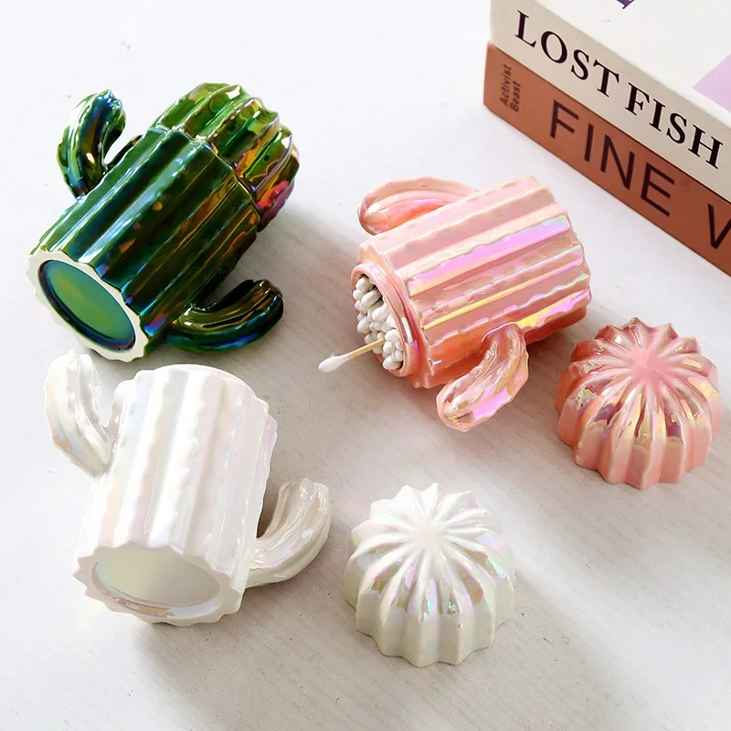 Creative Ceramic Toothpick Box Home Upscale Cactus Toothpick Holder Personalized Cotton Swab Box Floss Storage Box Toothpick Jar view 4