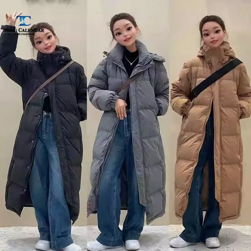 Long Down Jacket, Extra Long Over The Knee Thick Loose Hooded White Duck Down Couple Jacket, Winter Women 2024 New Style