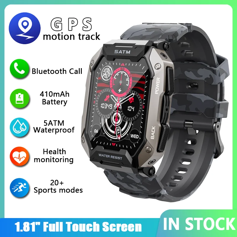 

C20 Military Smart Watch Men Carbon Black Ultra Army Outdoor IP68 5ATM водонепроницаемый сердечный ритм крови кислорода Satm Smartwatch 2024