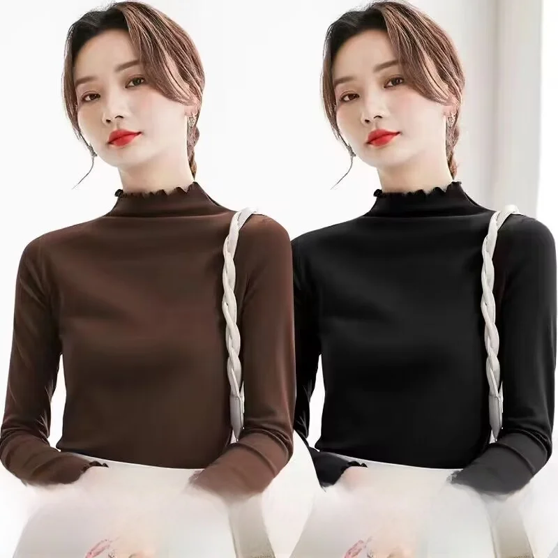 Thiened على الوجهين المخملية طويلة Sve المرأة قاعدة irt لون نقي سليم صالح ربيع الخريف ملابس داخلية تنوعا تي شيرت