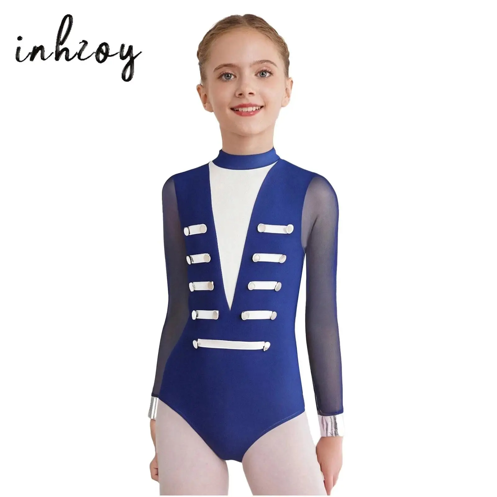 

Kids Girls Gymnastics Leotard Metallic Stripes Sheer Mesh Long Sleeves Buttons Bodysuit Figure Skating Dance Performance Costume