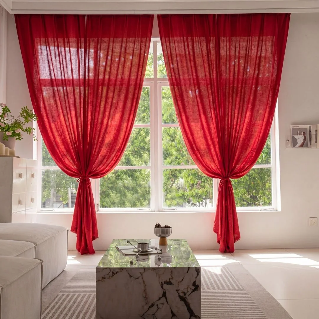 Semi Sheer Curtains - Faux Linen Privacy Sheer Voile Curtains for Living Room Dining Bedroom Window Decor Blue Red Tulle Curtain
