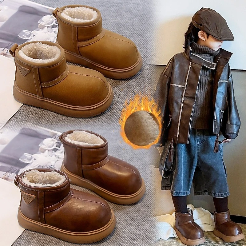 

Kids Ankle Boots Soild Color Versatile Boys Girls Leather Boots Thick Fur 2025 Winter New Children Short Boots Soft Round Toes