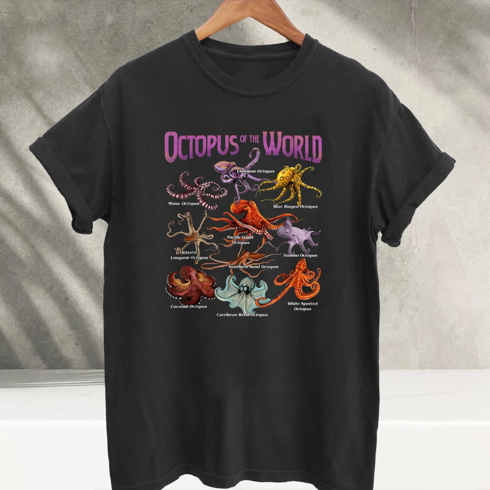 Octopus of The World Different Species Colorful Octopus Chart Graphic T‑Shirt Marine Biology Ocean Animal Educational Cotton Tee