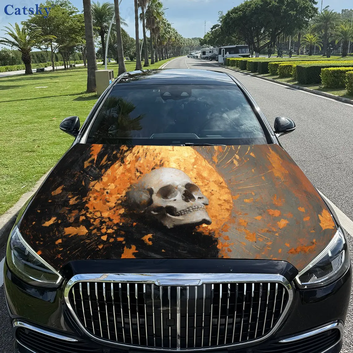 

Artistic Flame Skull Golden Fallen Leaves PVC Car Vinyl Wraps, Self-Adhesive Waterproof Car Hood Decal Sticker, Car Decoration P