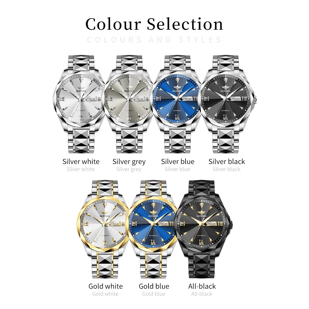 OUPINKE 3315 Mens Watch Tungsten Steel Automatic Mechanical Watch﻿ Waterproof Luminous Week Date Watches For Man Luxury Gift