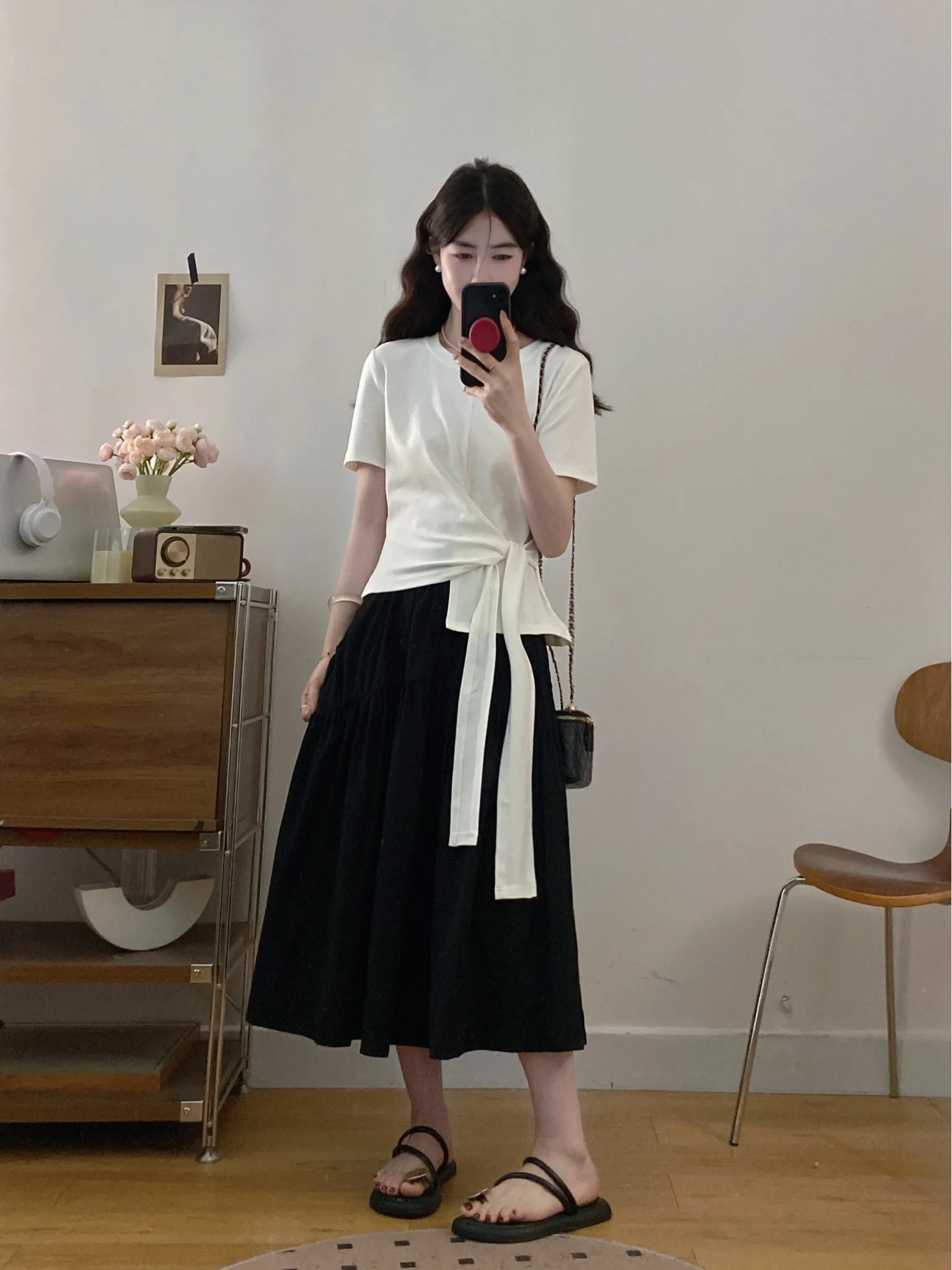 

Summer 2026 Women's Black Slim Fit Short Sleeve Top And Skirt Set High Waist Asymmetrical Design Breathable Medium Weight