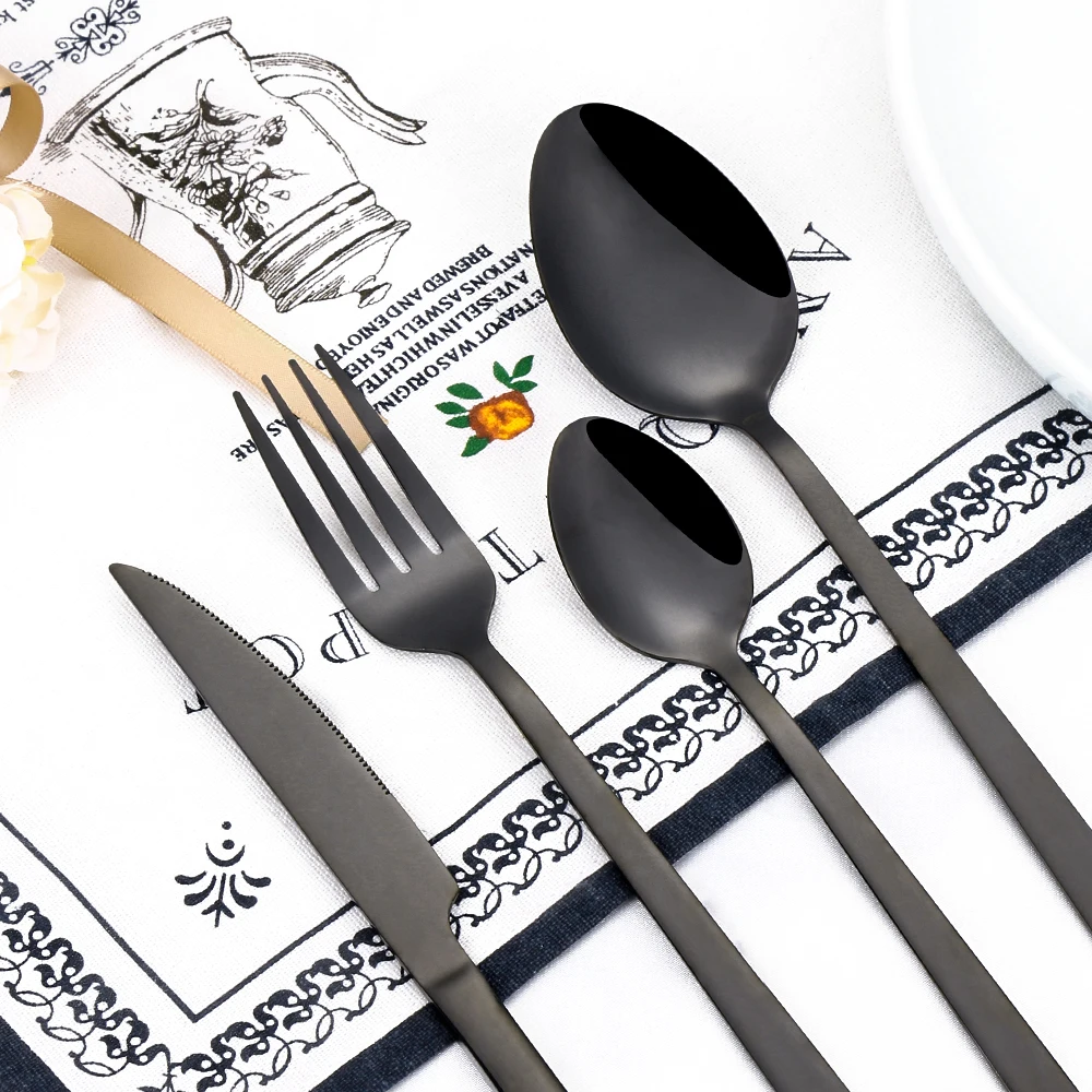 Black Cutlery Stainless Steel Western Tableware Mirror Knife Fork Spoon Dinnerware Kitchen Utensils 1/2/3/4/5 Set Flatware