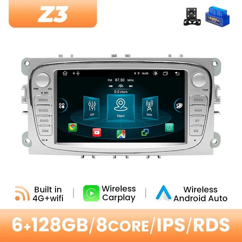Draadloze Carplay Autoradio Voor Ford Focus 2 3 mk2 Mondeo 4 Kuga Fiesta Transit Connect S-MAX C-MAX Galaxy Android 14 DSP 8 + 128 GB