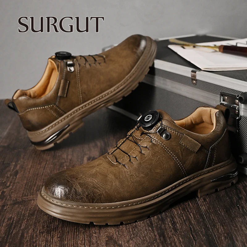 SURGUT Brand Men Shoes Leather Casual Shoes Men Rotating Buttons Flat Platform Outdoor Loafers Breathable Walking Shoes