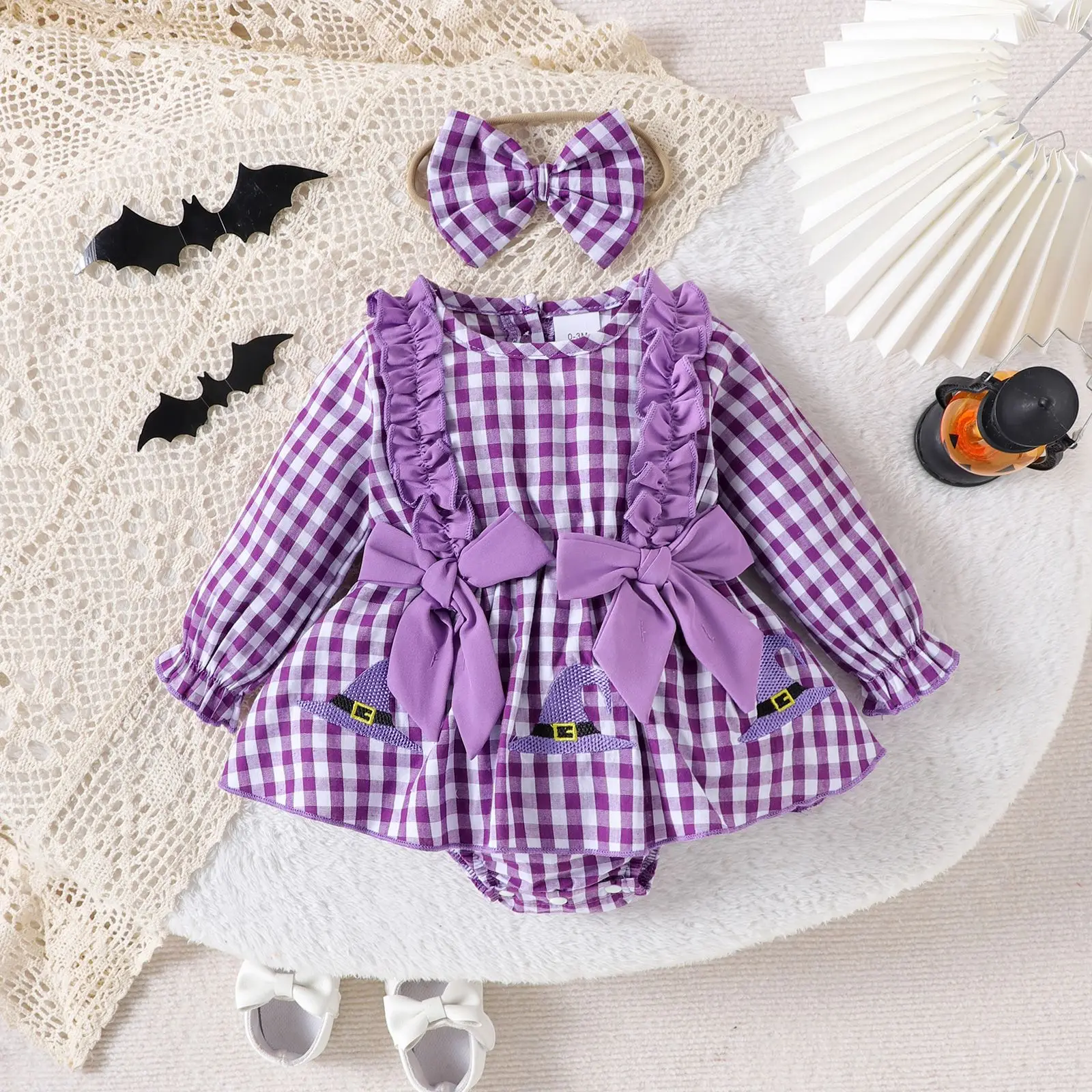 

UNITIM Kids Baby Girls Jumpsuits Bow Applique Newborn Girls Plaid Bodysuits Spring Toddler Girls Rompers Infant Onesie+Headband