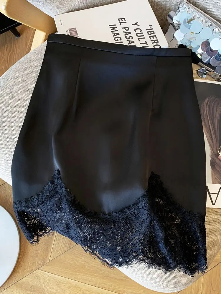 

Ladies Fashion Lace Patchwork Satin A-line Skirt Summer High Waist Solid Color Temperament Skirt Women Clothes Skirt