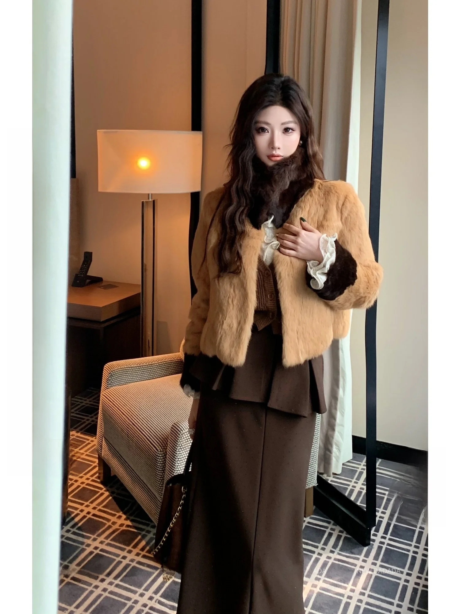 

New Dadada Caramel Latte ort Women's Jaet 2026 Spring Faion New Arrival Clean Fit Velvet Rabbit Fur Warmth Ladies Coat