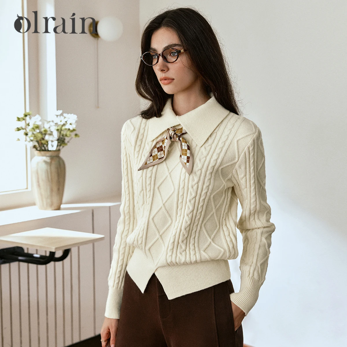 

OLrain женские элегантные свитера 2024, осень, однотонные вязаные пуловеры с отложным воротником, мягкие женские топы с длинными рукавами O57QM001189