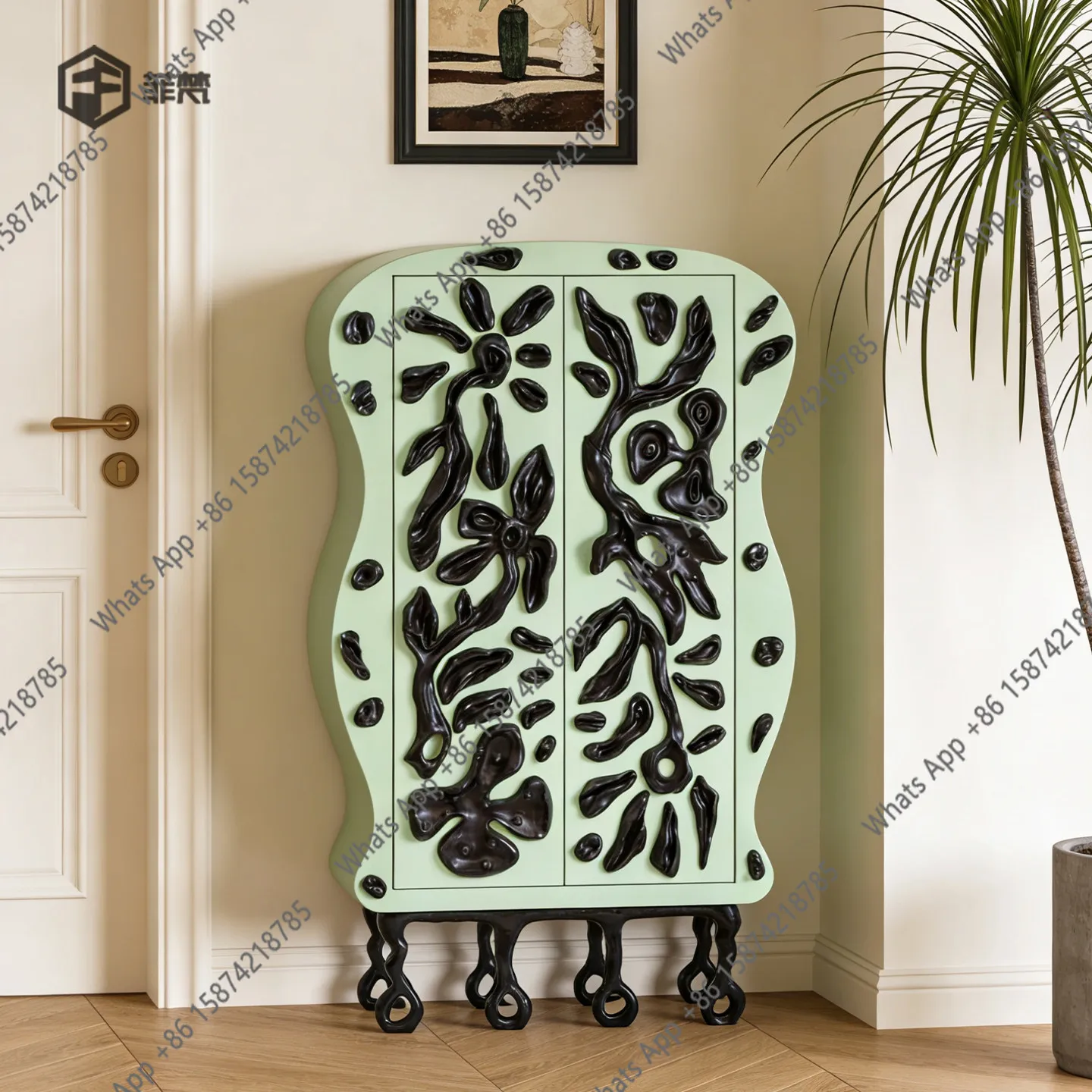 Creative art storage decorative cabinet green carved villa luxury light luxury high-end designer side cabinet