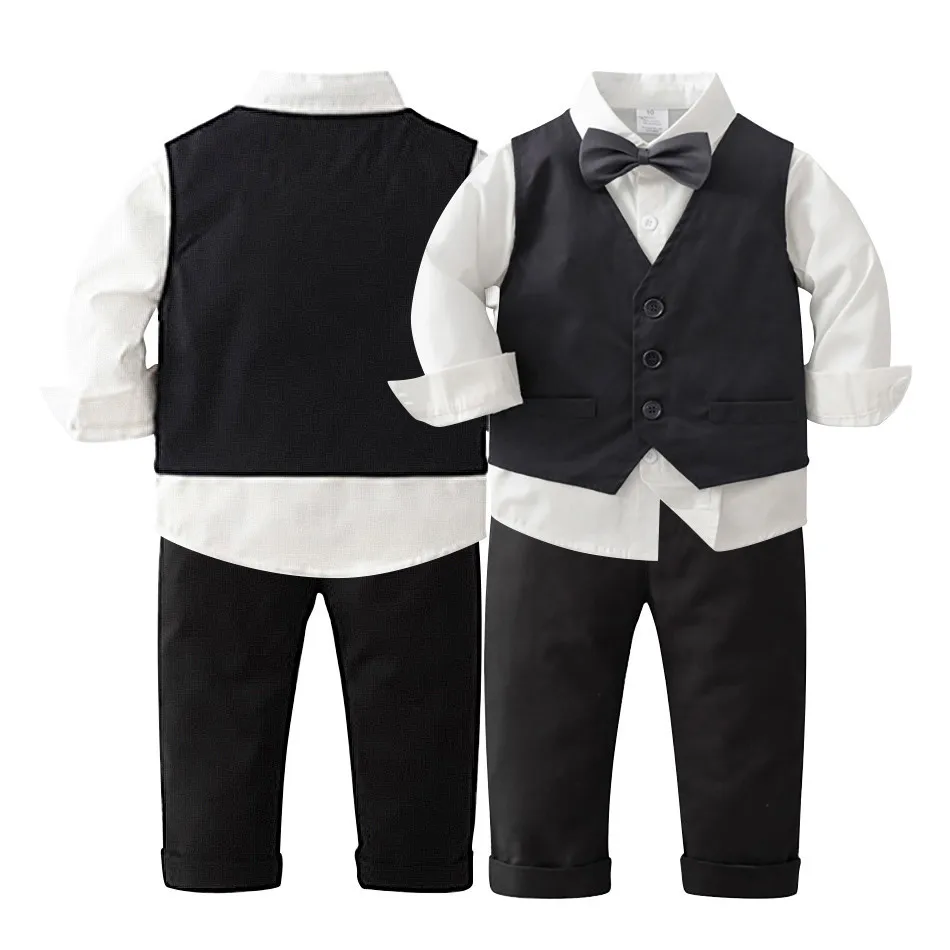 

Boys Gentleman Clothing Set Formal White Long Sleeve Shirts Bowtie Casual Suits Children's Long Sleeved Black Suspender Suit