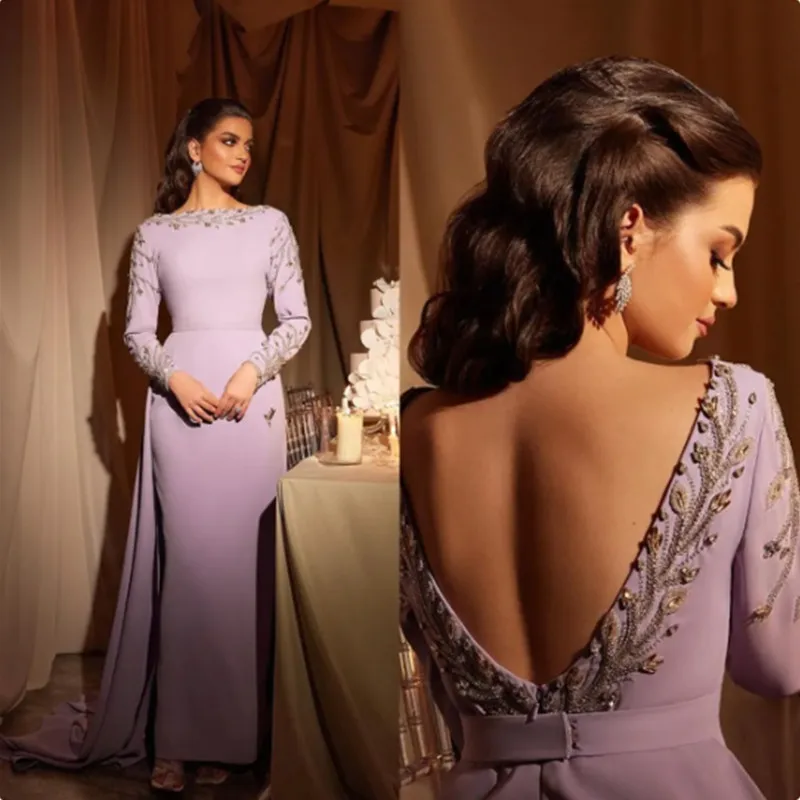 Elegant Lilac Mermaid Prom Dresse Long Sleeves Evening Dress O-Neck Beaded Crystal Backless Arabia Formal Dress 2025 Customized