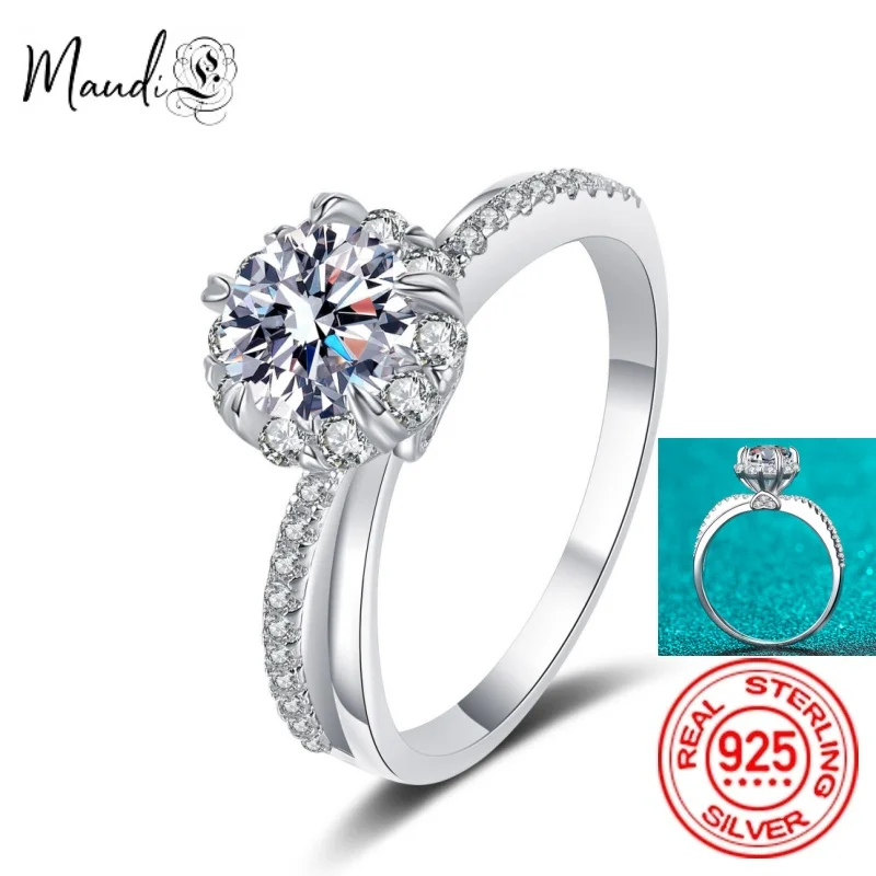 

1.0 Carat Moissanite Halo Diamond Engagement Ring Twisting Split Shank Flower Wedding Band For Women Sterling Silver Jewelry