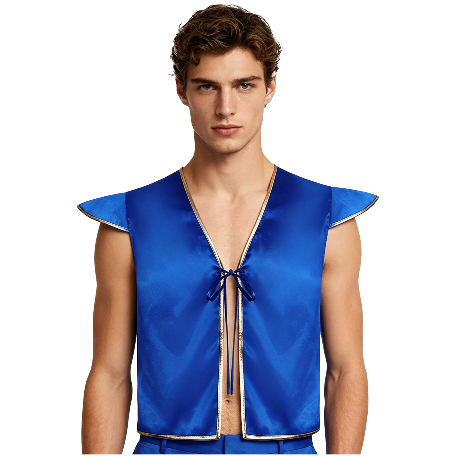 Mens Arabian Prince Cosplay Costume Halloween Vest Fly Sleeve Open Front with Tying Detail Metallic Shiny Trim Satin Tank Top