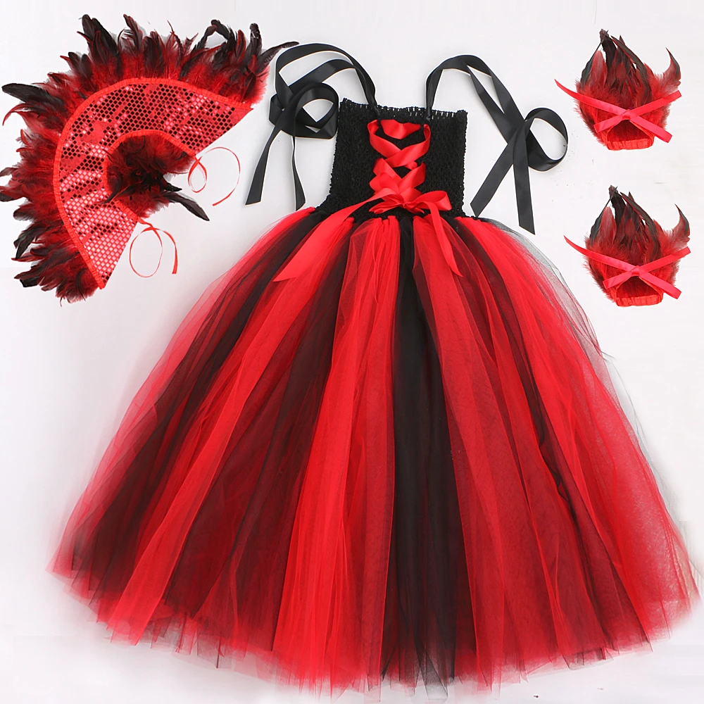 Gothic Devil Witch Halloween Costumes for Girls Demon Queen Long Tutu Dress for Kids Spider Vampire Cosplay Outfit with Feathers