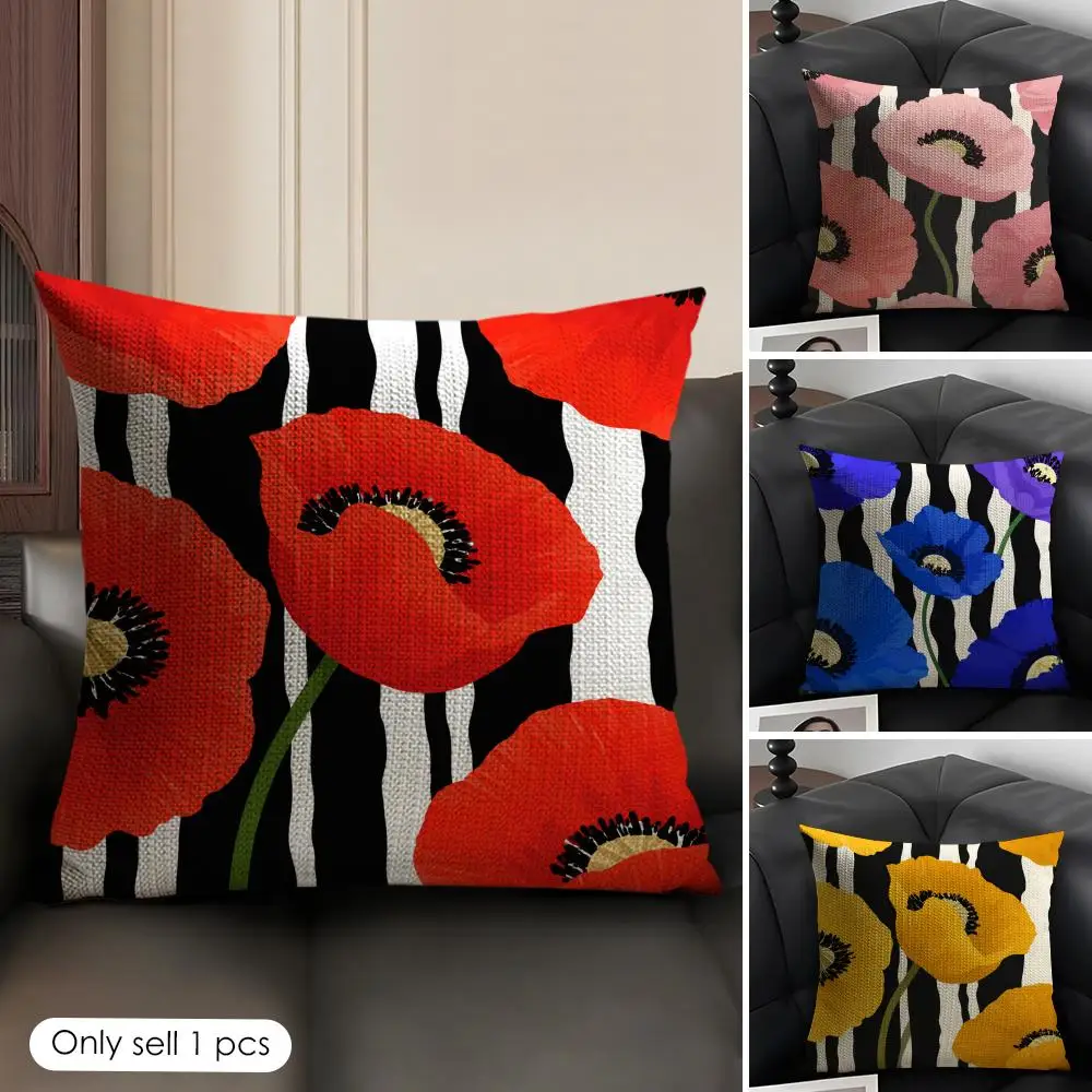 Poppy Flower Cushion Cover Linen Organic Fabric Double-Sided Printing Sofa Breathable Home Decor Gift Pillow Case