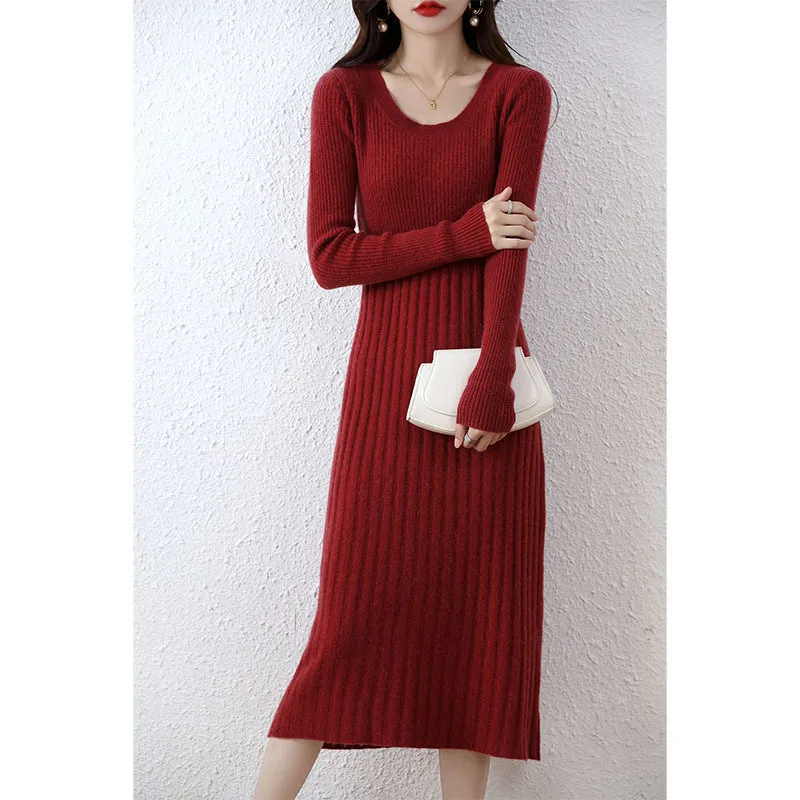 

Autumn and Winter New Knitted Women's Slim Fit Slimming Sweater Dress Low round Neck Long Sleeve Loose Bottoming Skirt