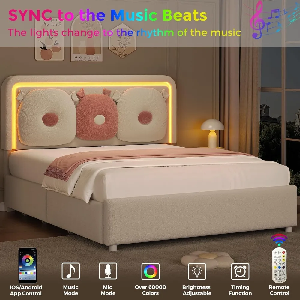 โครงเตียงควีนไซส์พร้อมหัวเตียงแบบมีกระดุม เตียงเก็บของสำหรับเด็กผู้หญิงพร้อมลิ้นชักสองชั้น โครงไม้จริงแบบไม่ต้องใช้สปริง