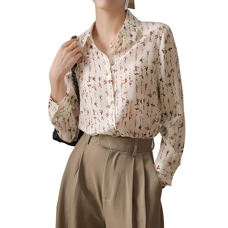 Seidenhemd Damen Sommer Neues bedrucktes langärmliges, lockeres, vielseitiges Oberteil im westlichen Stil