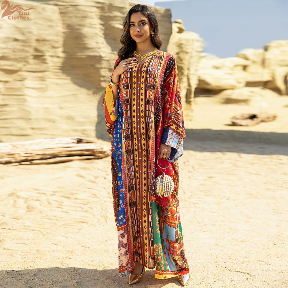 Uni New Dubai Blumendruck Lose Abaya Diamanten Stempelkleid Lange bescheidene Kleider Damen 2025