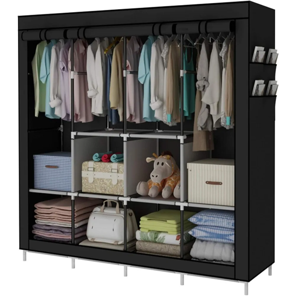 

Portable Wardrobe Clothing Wardrobe Shelves Clothes Storage Organiser with 4 Hanging Rail,Black