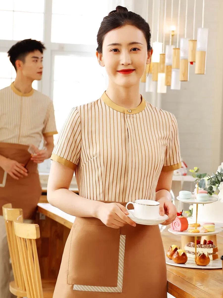 Milk Tea Shop Work Clothes Custom Women's Fast Food Restaurant Baking Uniform Catering Waiter Short Sleeve Summer Uniform Shirt