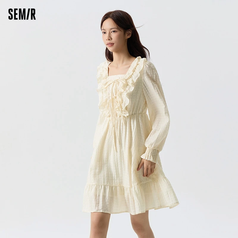 Semir 2024 Dress Women Ruffled Bow Romantic Spring New Sweet Square Neck Textured Skirts Women