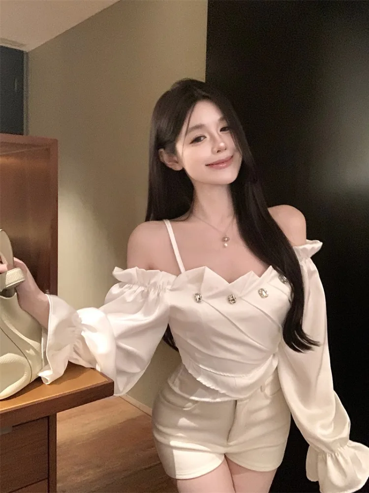 

Elegant Heavy Embellished Satin Trim Shirt Women's Autumn Irregular Slim Fit Shoulder Bared Beautiful Small Shirt