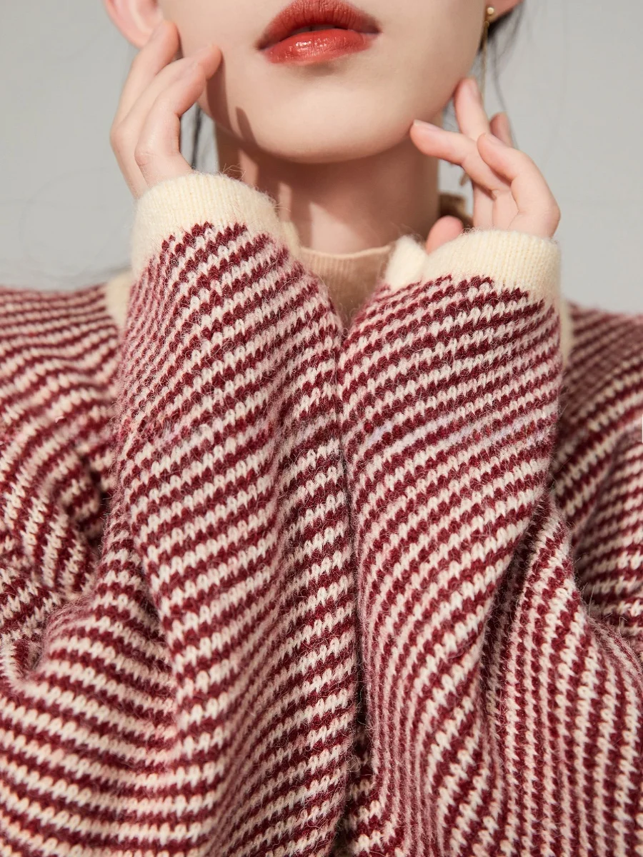 

Plum Jan Stripe Knitwear Spring Autumn Women's Outerwear Color Blo Long Sve round Ne Button up Polyester Blend Faion...