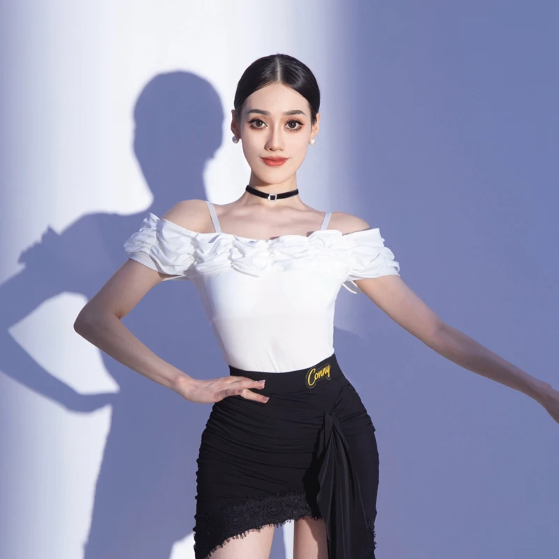 

Индивидуальный женский костюм для взрослых в латинском национальном стандарте, танцевальный костюм на одно плечо, топ с открытыми плечами, комбинезон для практики, униформа для выступлений
