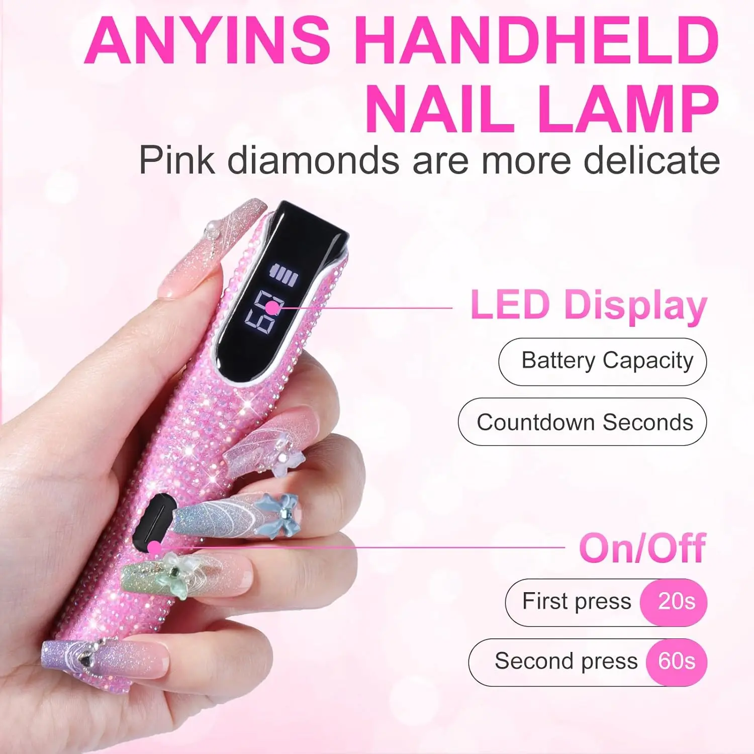 โคมไฟเล็บ LED UV ประดับเพชรแบบพกพาสําหรับเจลทาเล็บ - เครื่องเป่าเล็บไร้สายพร้อมจอแสดงผลดิจิตอล