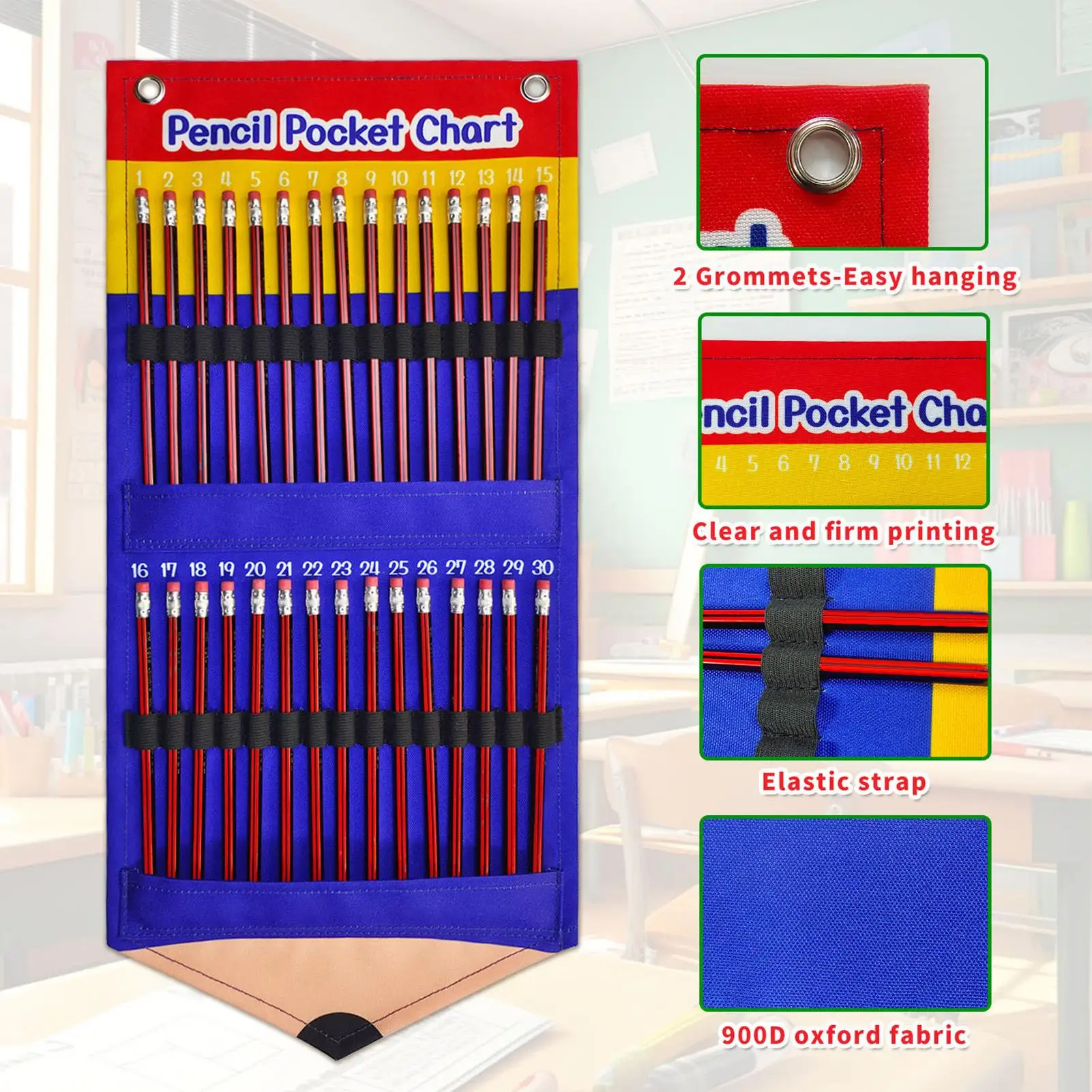 Pencil Pocket Chart 30-Slot Space Saving Elastic Strap Wall Mount Wall Pencil Holder Classroom Decor For Home Office Preschool